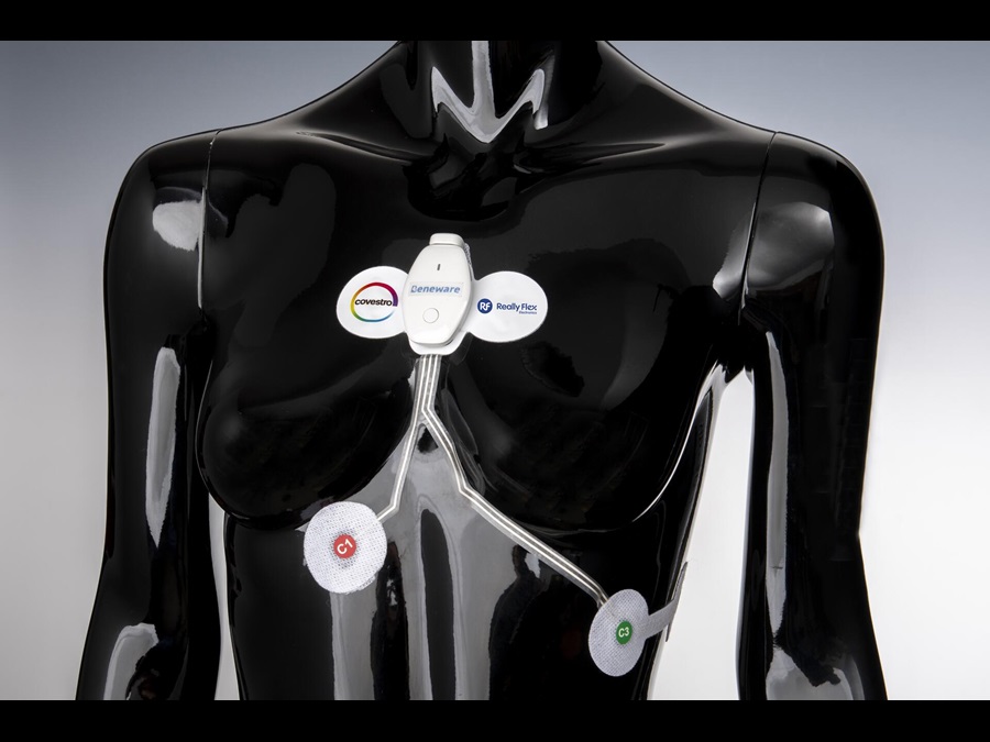 Patches made of biocompatible materials properly secure an ECG wearable device on a mannequin.