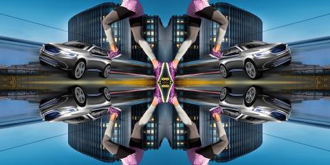 A kaleidoscope image displaying buildings, a car and a runner, mirroring its components starting from the center of the image.