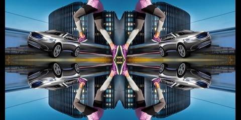Mirrored image of car, building and athletic wear, where digital printing technologies are relevant.