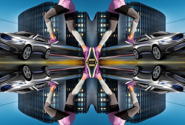 Mirrored image of car, building and athletic wear, where digital printing technologies are relevant.