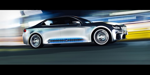 A futuristic car that features an electric battery for locomotion.