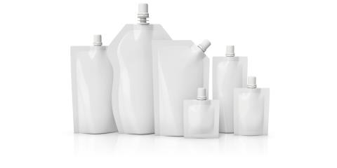 Unbranded samples of flexible and disposable packaging for liquids in a range of shapes and sizes