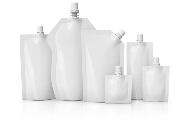 Unbranded samples of flexible and disposable packaging for liquids in a range of shapes and sizes