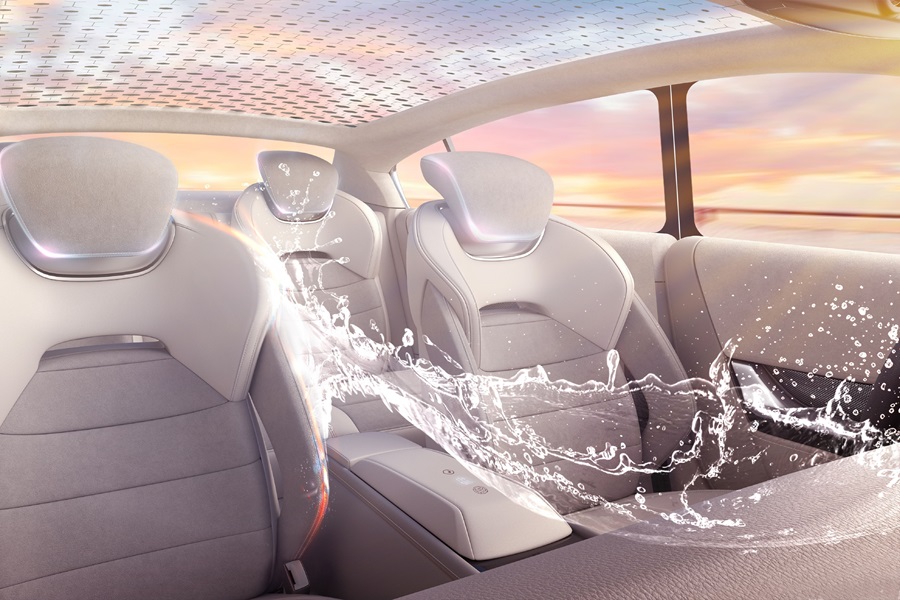 A futuristic car where a splash of water is rushing through