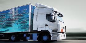 A truck on a road moving forward.