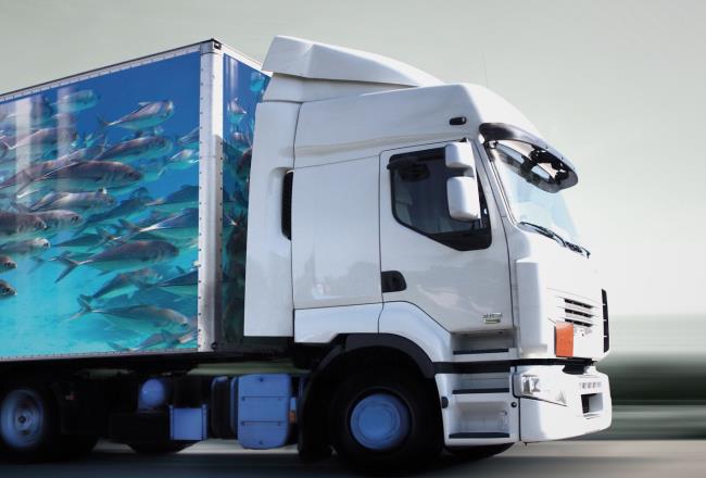 A truck on a road moving forward.