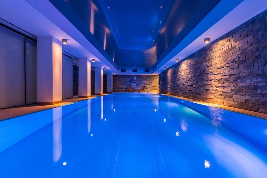 An illuminated swimming pool.