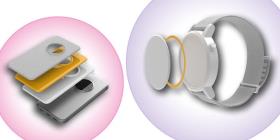 Application examples like mobile phone covers and electric components in colored circles