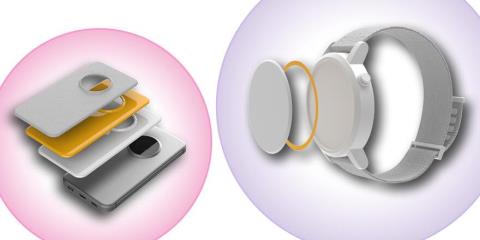 Application examples like mobile phone covers and electric components in colored circles