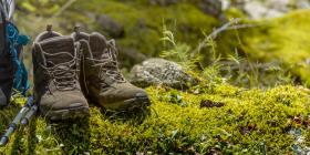 A hiking backpack and boots made of TPU textiles in a forest.
