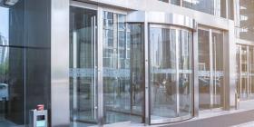 Glass facade of bank entrance