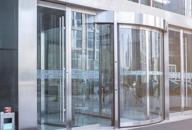 Glass facade of bank entrance