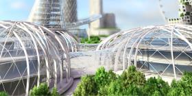 Futuristic buildings of a future city skyline.