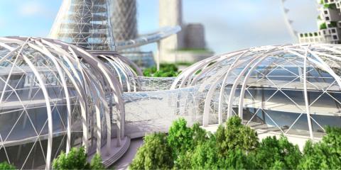 Futuristic buildings of a future city skyline.