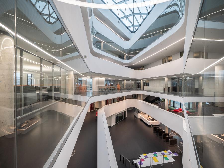 View of the glazing inside a building and the glass roof