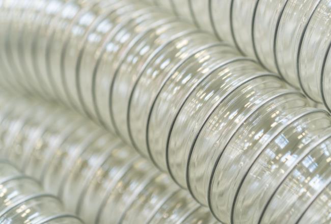 Closeup of transparent plastic corrugated pipe