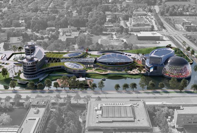 An architectural sketch of a futuristic building complex.