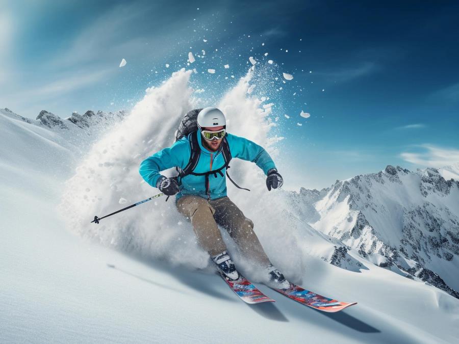 Skifahrer, der auf einer steilen Piste im Pulverschnee fährt, während die Sonne hinter einem Berg untergeht.