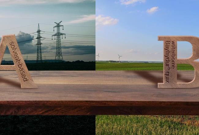 A table with two wooden letters that read A and B, where A is positioned in front of a polluted environment and B is in front of a peaceful landscape.