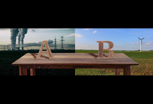Ein Tisch mit zwei hölzernen Buchstaben, die A und B lauten, wobei A vor einer verschmutzten Umgebung und B vor einer friedlichen Landschaft steht.