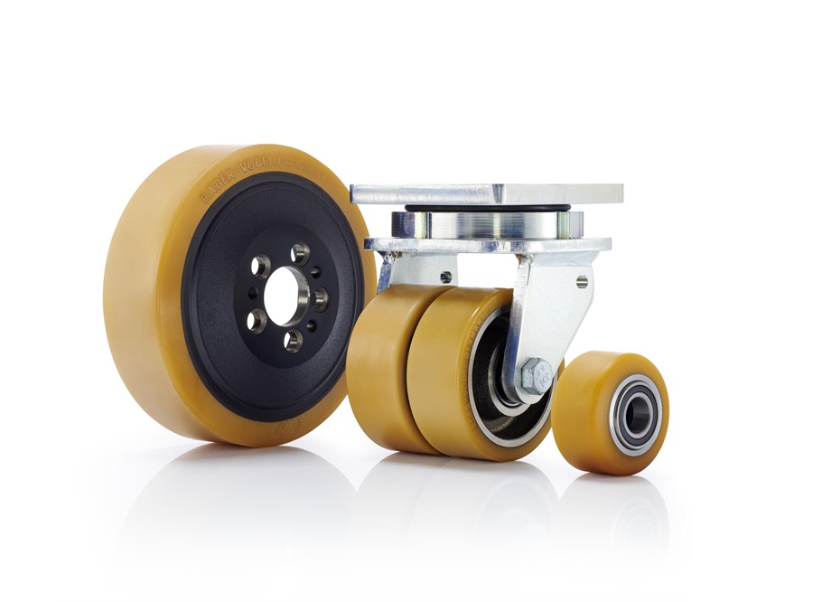 Close-up of three Vulkollan® elastomer wheels of varying sizes