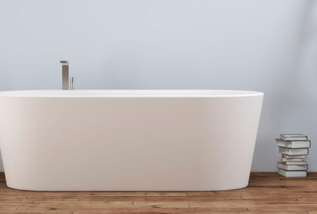 Bathroom interior with self-standing and decoration on hardwood floor. Empty white wall with copy space in the background. 3D rendered image.
