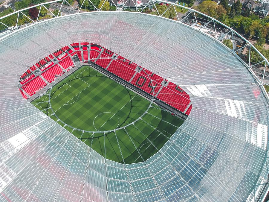 Aerial view of stadium with transparent roofing made using Makrolon®