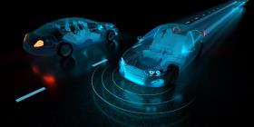 A front LiDAR sensor detecting a passing vehicle.