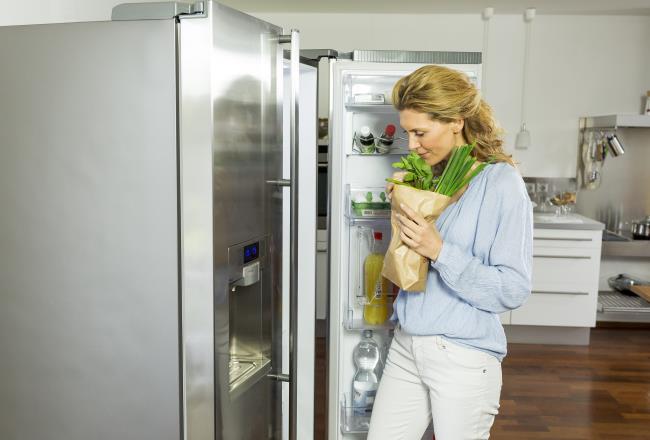 Woman in her household standing in front of an energy efficient refrigerator.